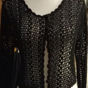 Not new,vintage black crochet cropped to waist sweater& crochet buttons size sm.